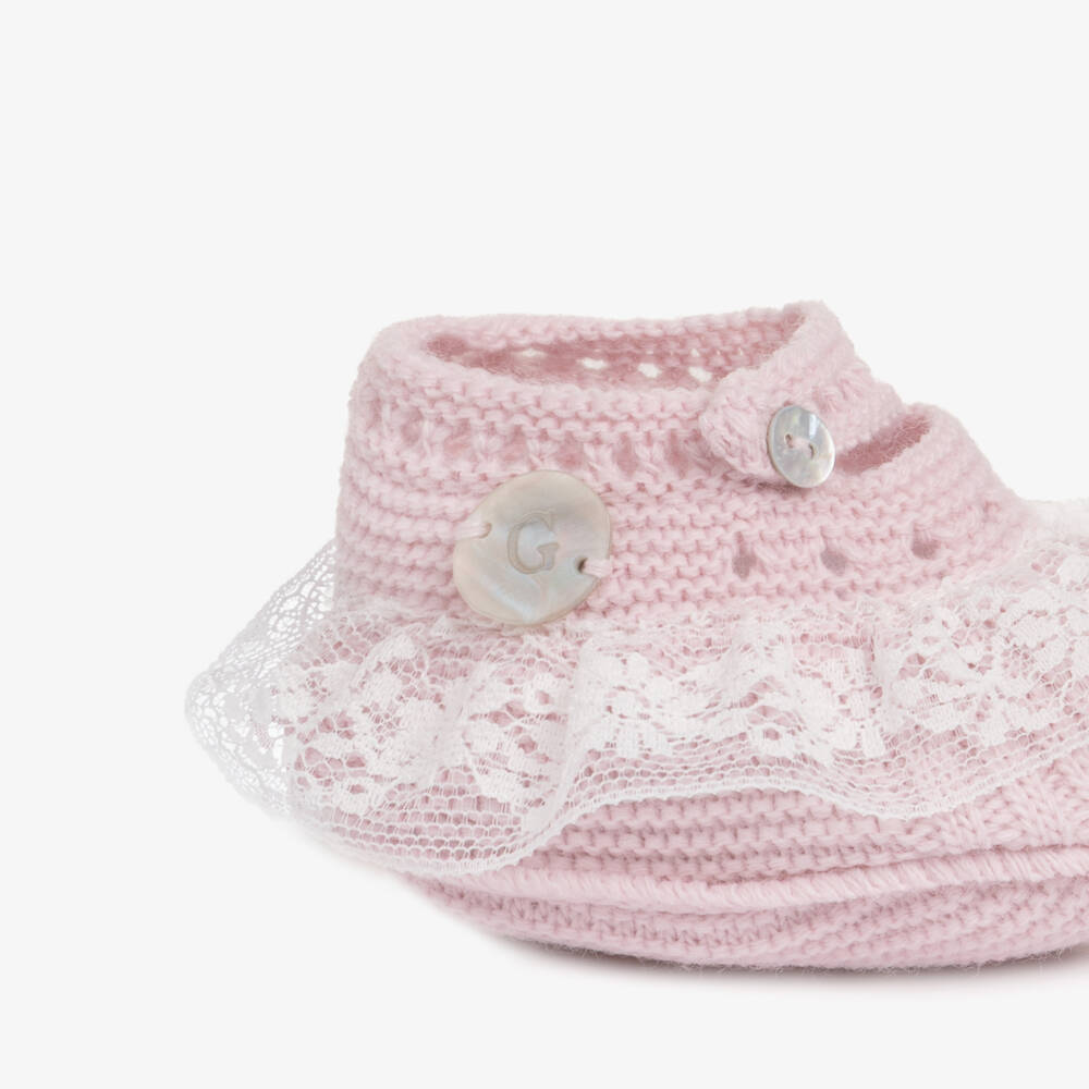 Artesanía Granlei-Baby Girls Pink Knitted Booties with Lace Trim | Childrensalon
