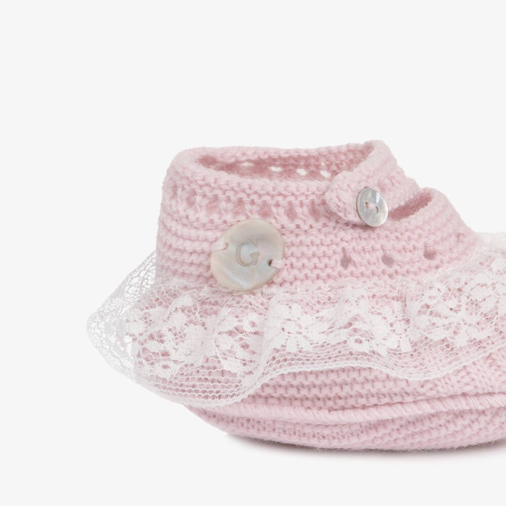 Artesanía Granlei-Baby Girls Pink Knitted Booties with Lace Trim | Childrensalon