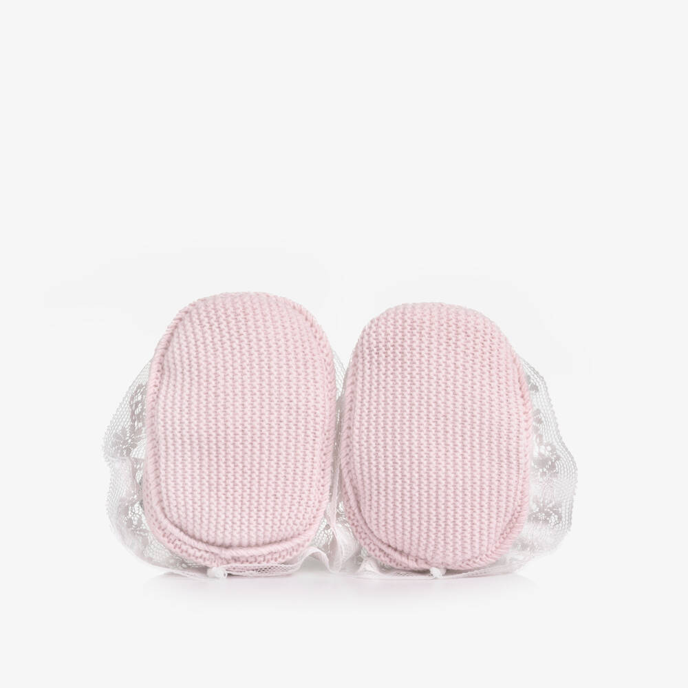 Artesanía Granlei-Baby Girls Pink Knitted Booties with Lace Trim | Childrensalon