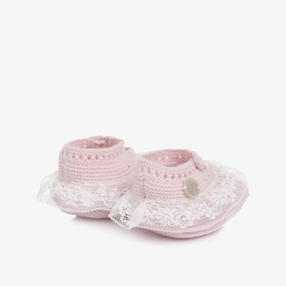 Artesanía Granlei-Baby Girls Pink Knitted Booties with Lace Trim | Childrensalon