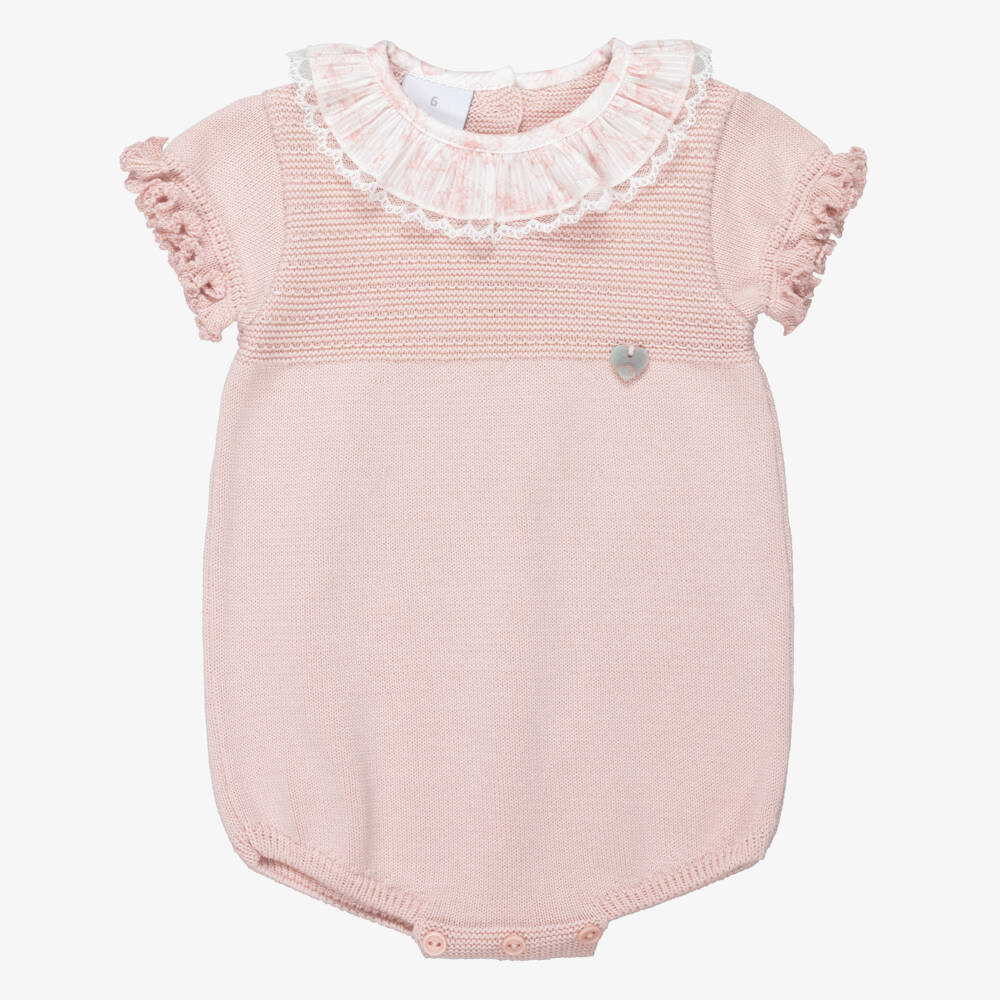 Artesanía Granlei-Baby Girls Pink Knitted Shortie with Lace Trim Collar | Childrensalon