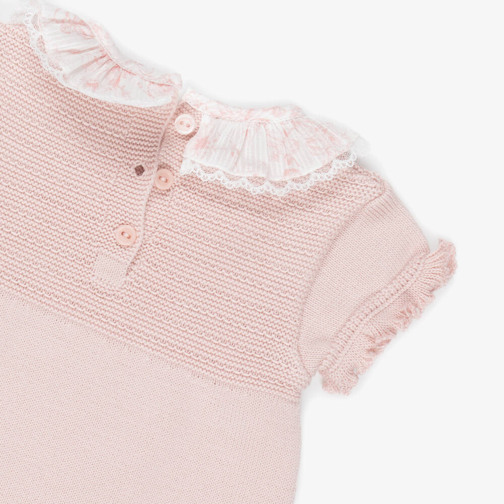 Artesanía Granlei-Baby Girls Pink Knitted Shortie with Lace Trim Collar | Childrensalon