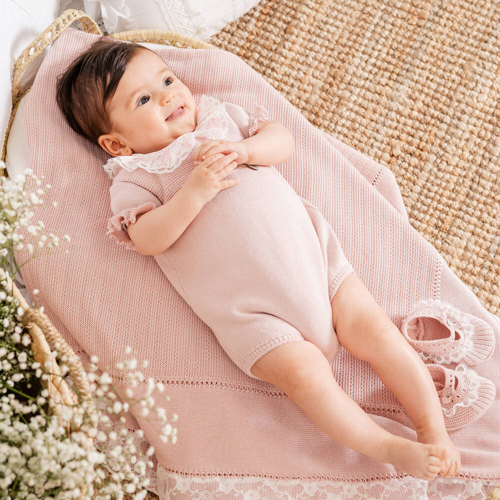 Artesanía Granlei-Baby Girls Pink Knitted Shortie with Lace Trim Collar | Childrensalon