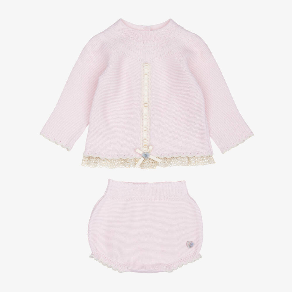 Artesanía Granlei-Baby Girls Pink Knitted Shorts Set with Lace Trims | Childrensalon