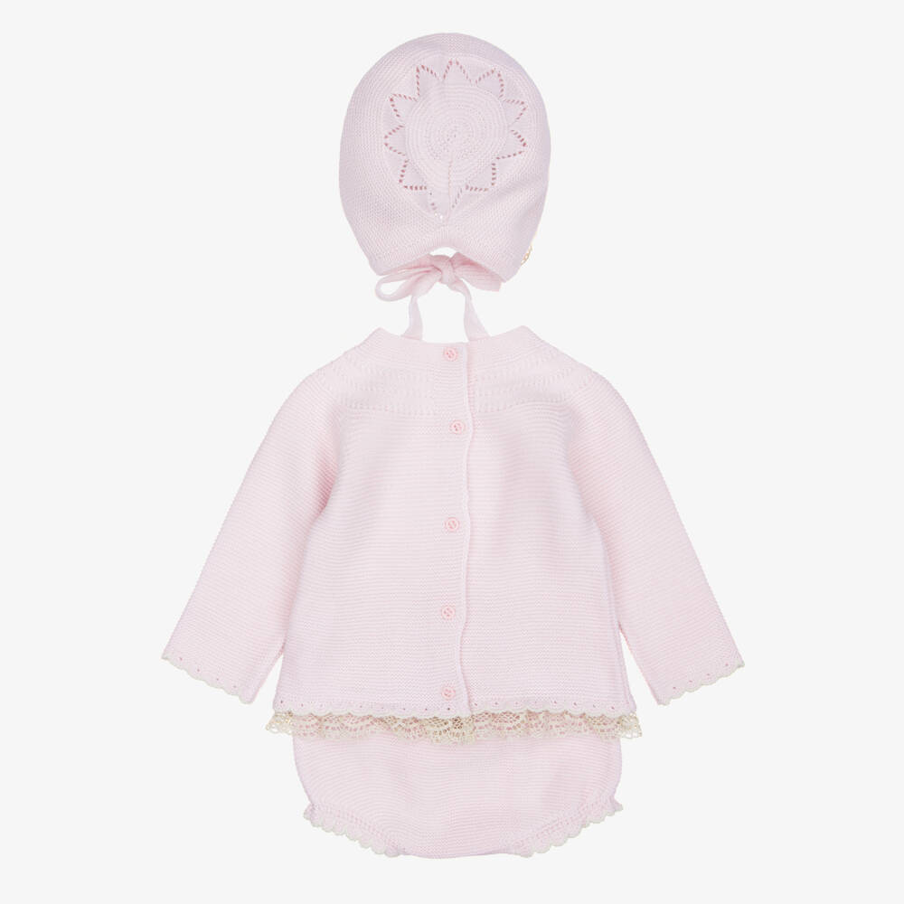 Artesanía Granlei-Baby Girls Pink Knitted Shorts Set with Lace Trims | Childrensalon
