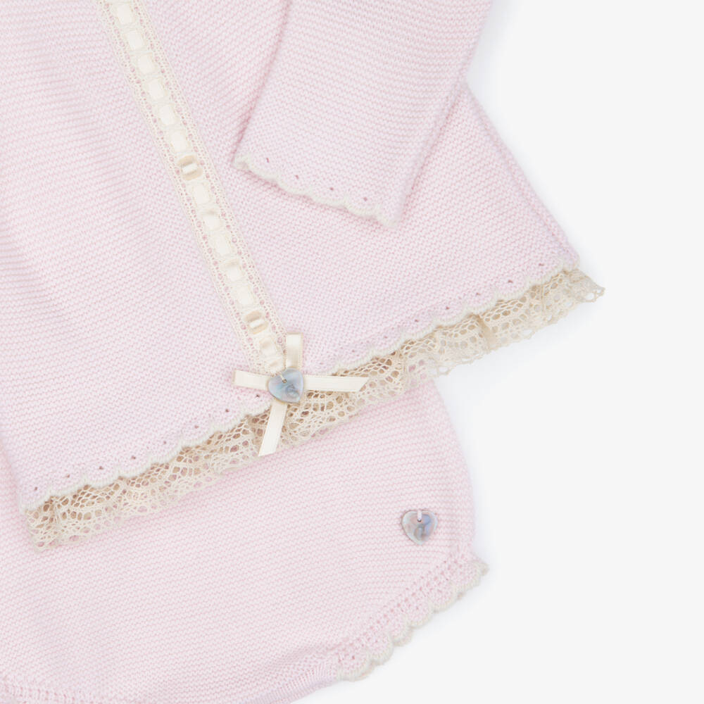 Artesanía Granlei-Baby Girls Pink Knitted Shorts Set with Lace Trims | Childrensalon