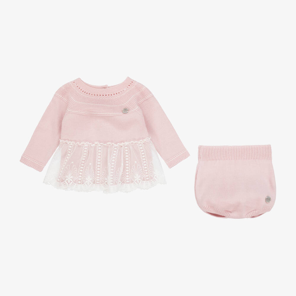 Artesanía Granlei-Baby Girls Pink Lace Trimmed Knitted Shorts Set | Childrensalon