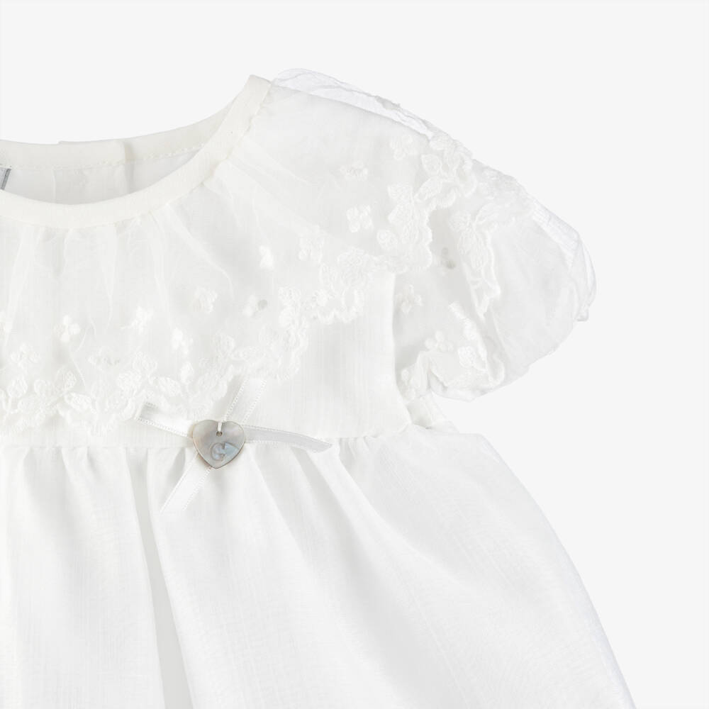 Artesanía Granlei-Baby Girls White Dress with Floral Lace Ruffle Collar | Childrensalon