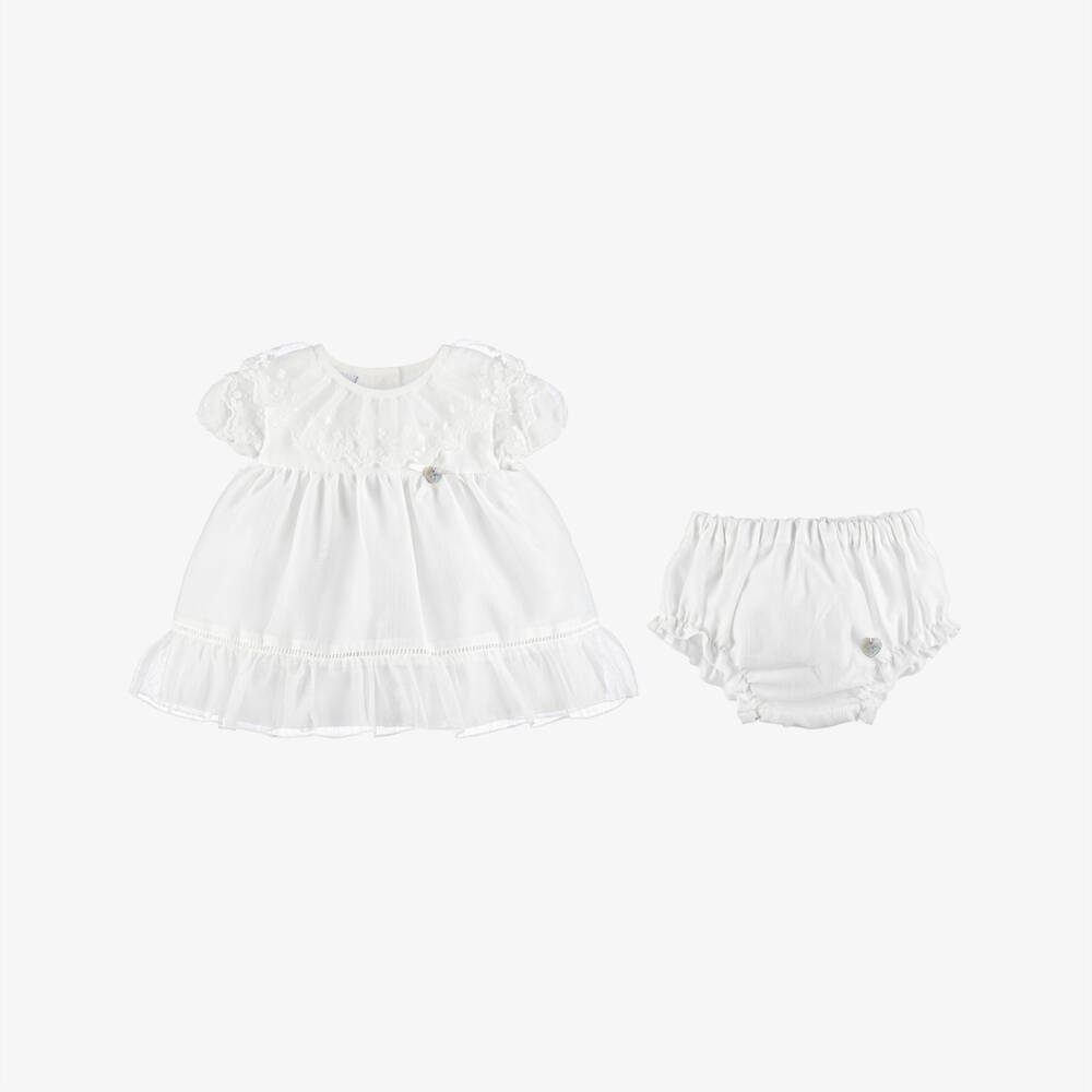 Artesanía Granlei-Baby Girls White Dress with Floral Lace Ruffle Collar | Childrensalon