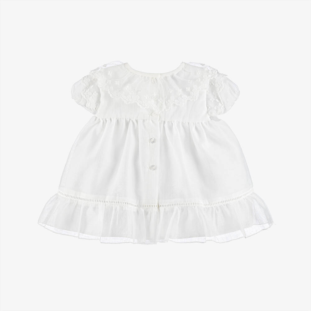 Artesanía Granlei-Baby Girls White Dress with Floral Lace Ruffle Collar | Childrensalon