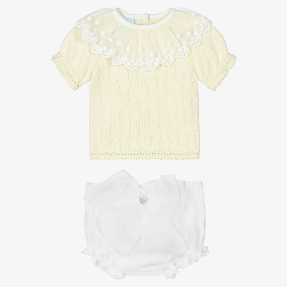 Artesanía Granlei-Baby Girls Yellow & White Shorts Set with Lace Collar | Childrensalon