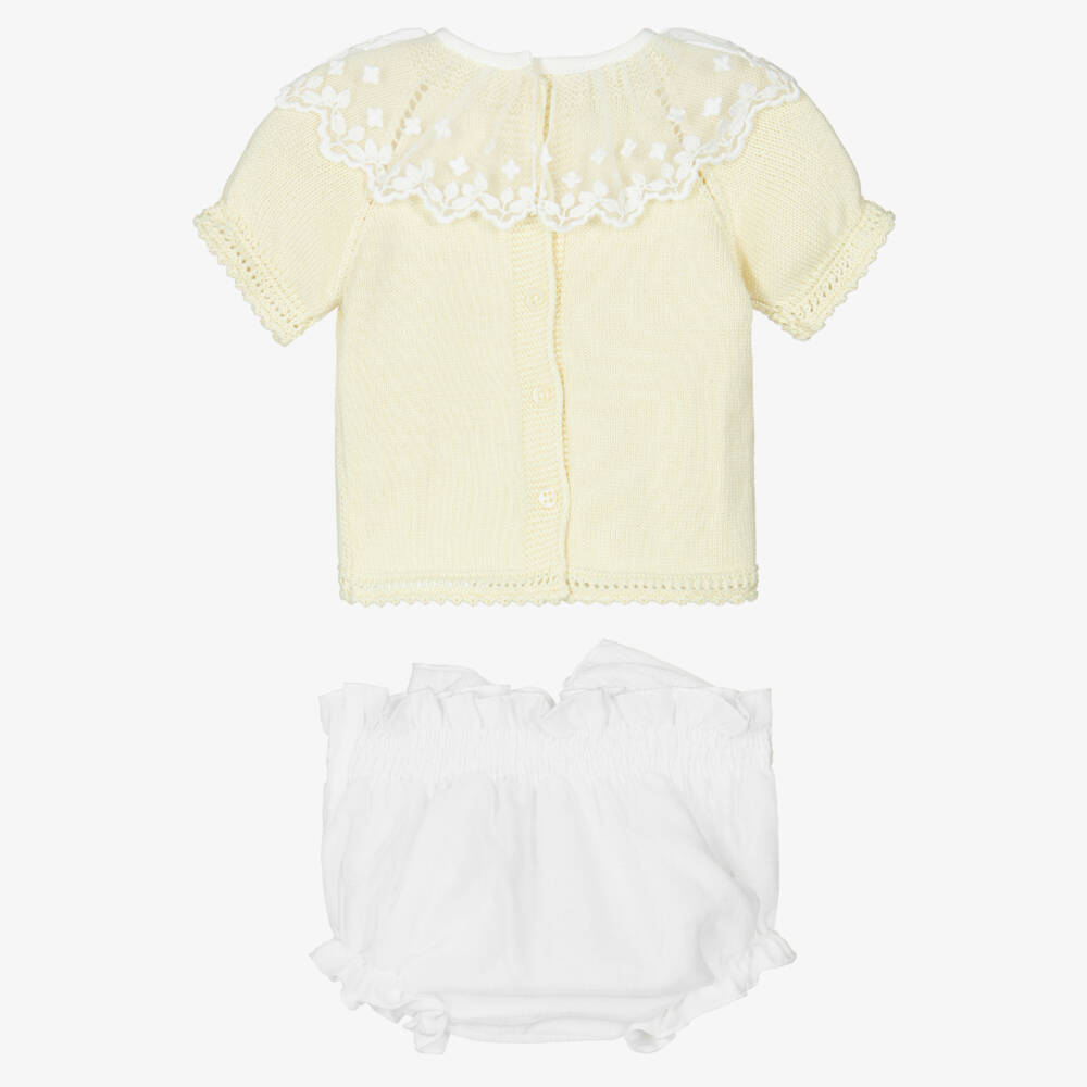 Artesanía Granlei-Baby Girls Yellow & White Shorts Set with Lace Collar | Childrensalon