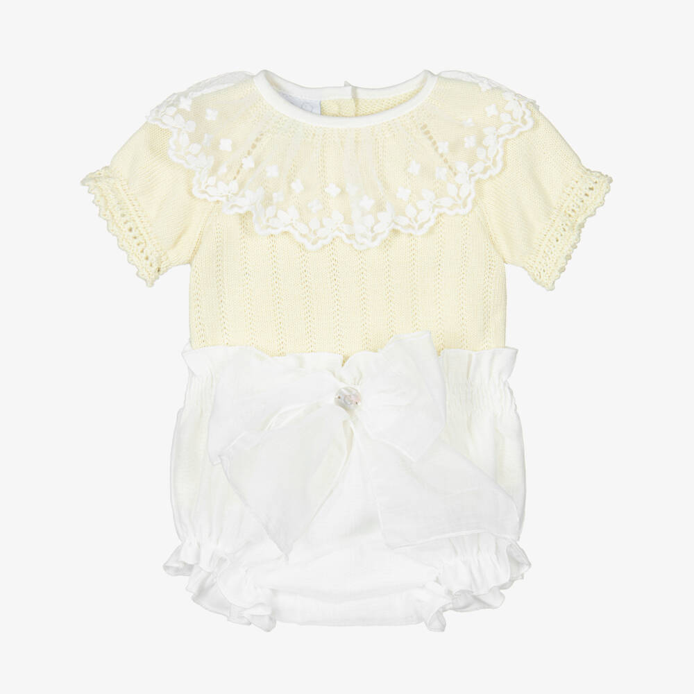 Artesanía Granlei-Baby Girls Yellow & White Shorts Set with Lace Collar | Childrensalon