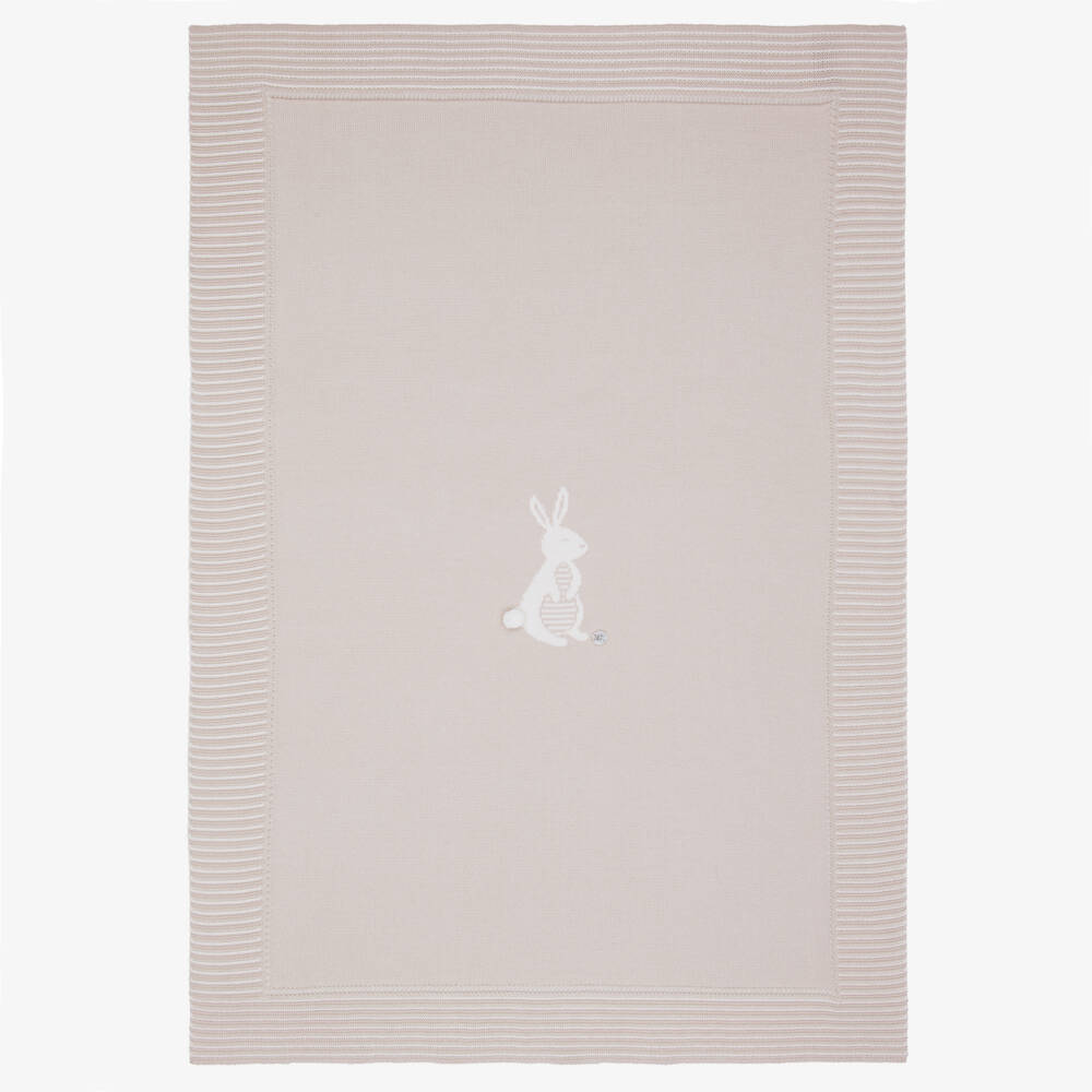 Artesanía Granlei-Beige Blanket with White Bunny Rabbit Intarsia (100cm) | Childrensalon