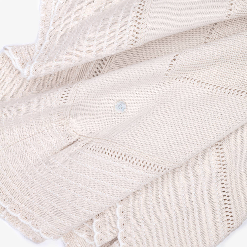 Artesanía Granlei-Beige Knit Shawl with Scalloped Trim (140cm) | Childrensalon