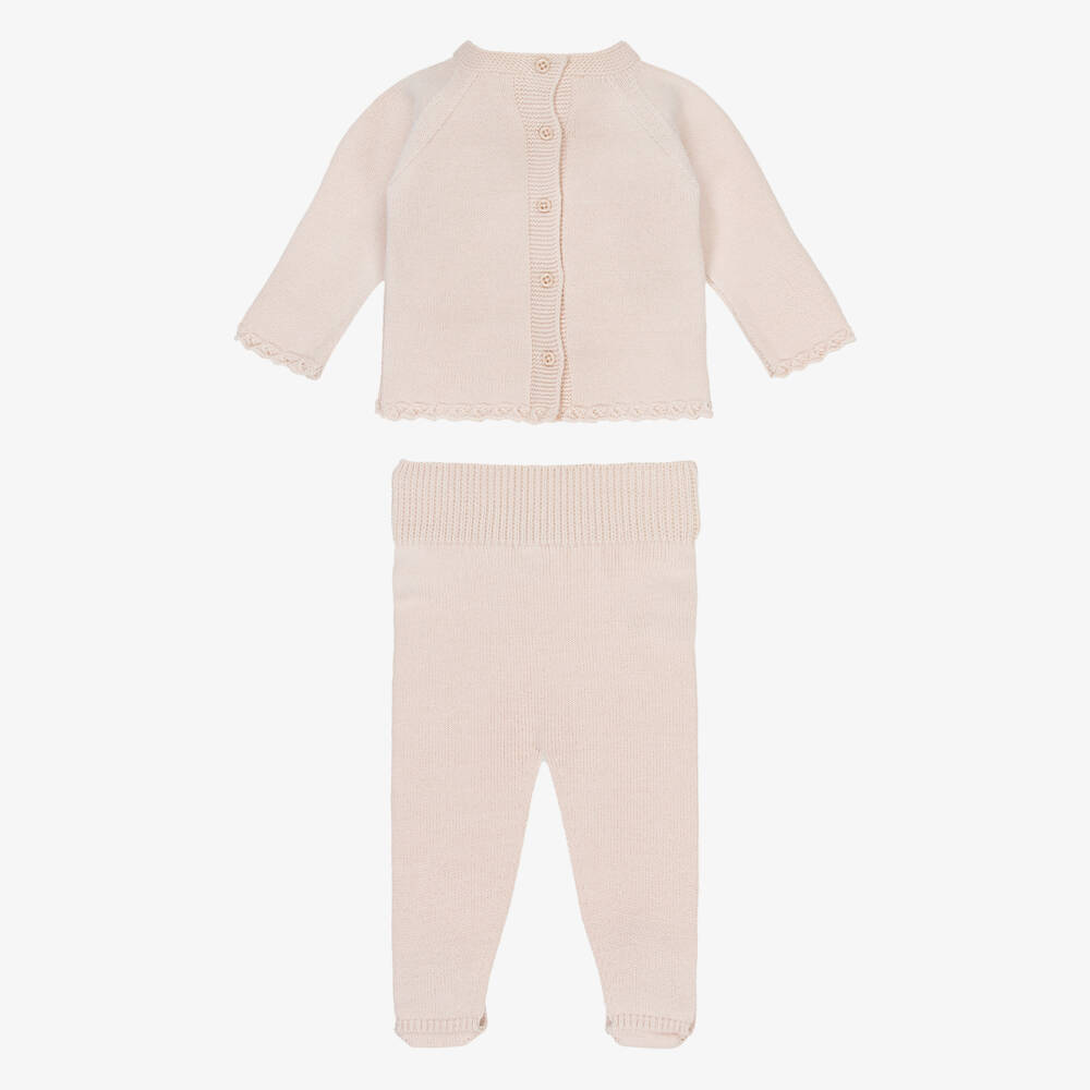Artesanía Granlei-Beige Knitted 2 Piece Babygrow with Bunny Motif | Childrensalon