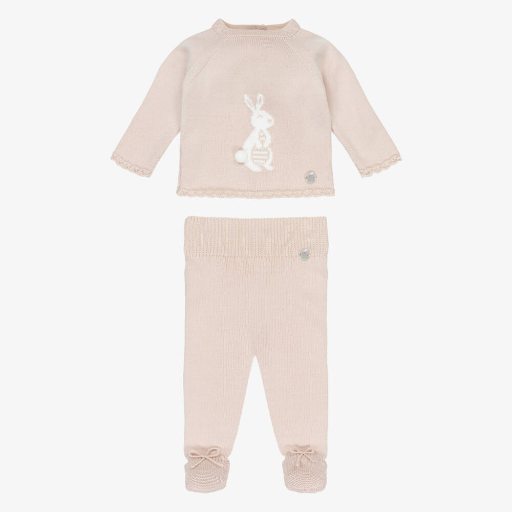 Artesanía Granlei-Beige Knitted 2 Piece Babygrow with Bunny Motif | Childrensalon