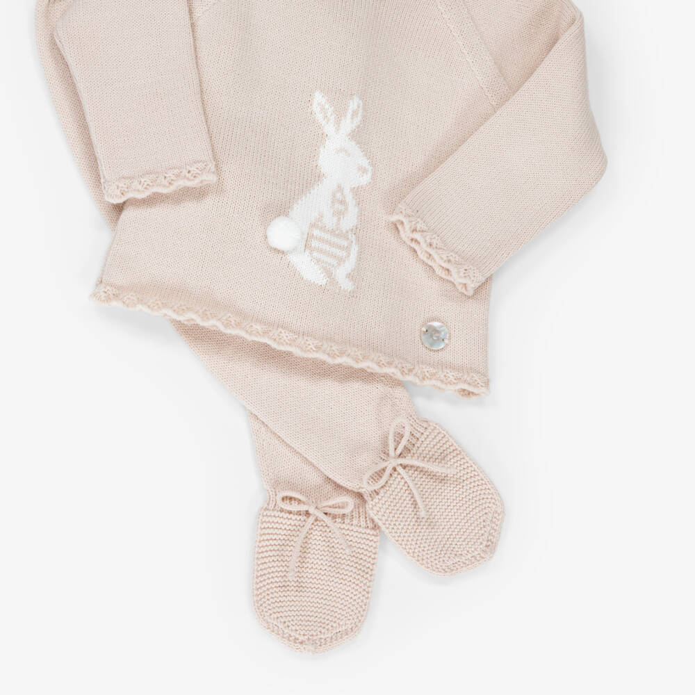 Artesanía Granlei-Beige Knitted 2 Piece Babygrow with Bunny Motif | Childrensalon