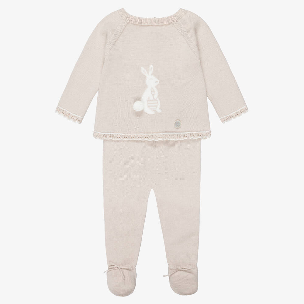 Artesanía Granlei-Beige Knitted 2 Piece Babygrow with Bunny Rabbit Motif | Childrensalon
