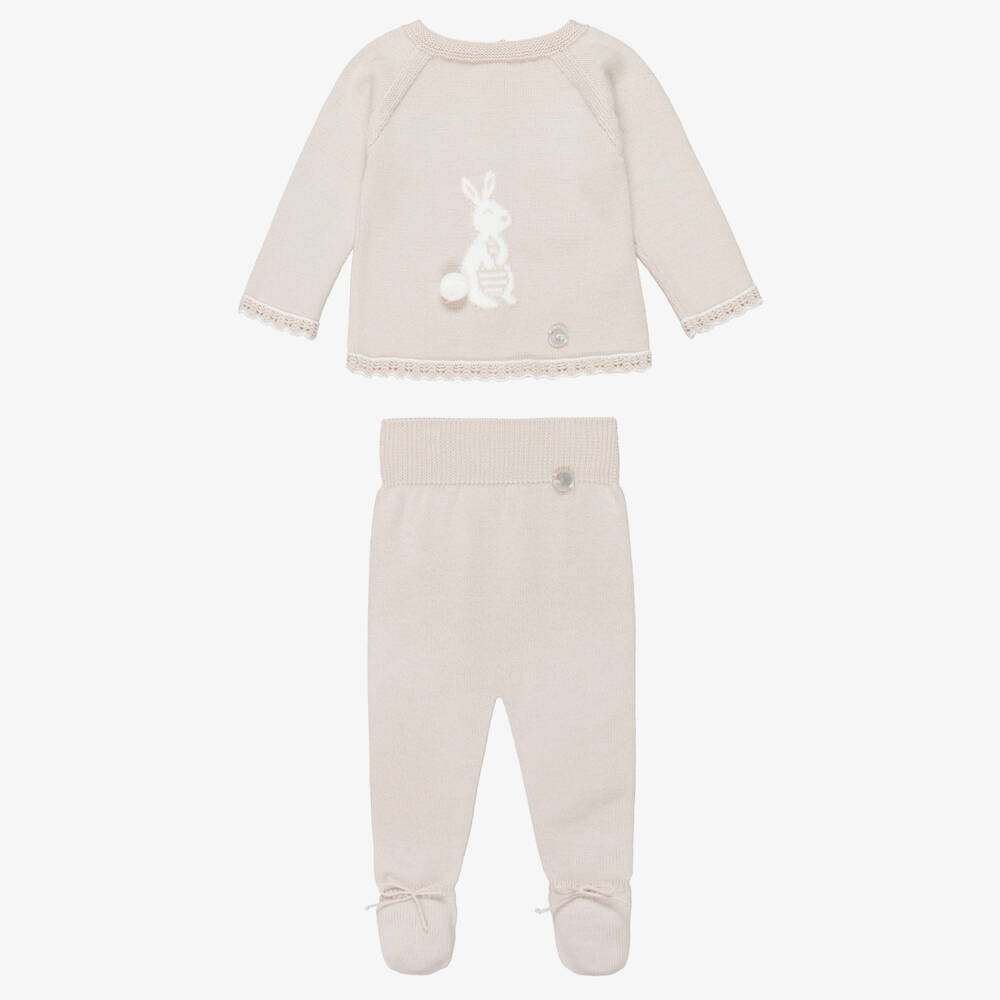Artesanía Granlei-Beige Knitted 2 Piece Babygrow with Bunny Rabbit Motif | Childrensalon