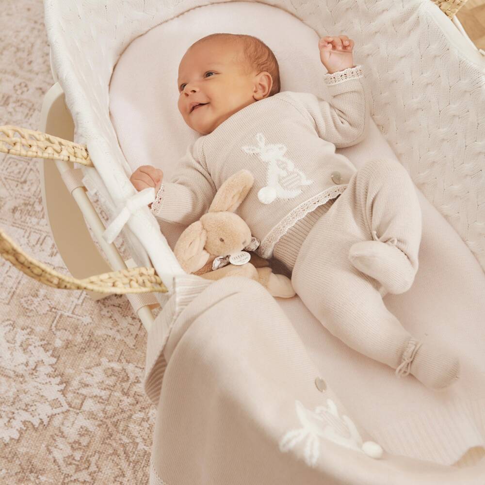 Artesanía Granlei-Beige Knitted 2 Piece Babygrow with Bunny Rabbit Motif | Childrensalon