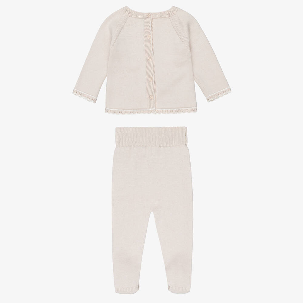 Artesanía Granlei-Beige Knitted 2 Piece Babygrow with Bunny Rabbit Motif | Childrensalon