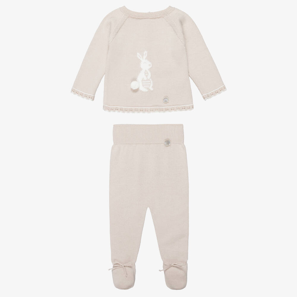Artesanía Granlei-Beige Knitted 2 Piece Babygrow with Bunny Rabbit Motif | Childrensalon