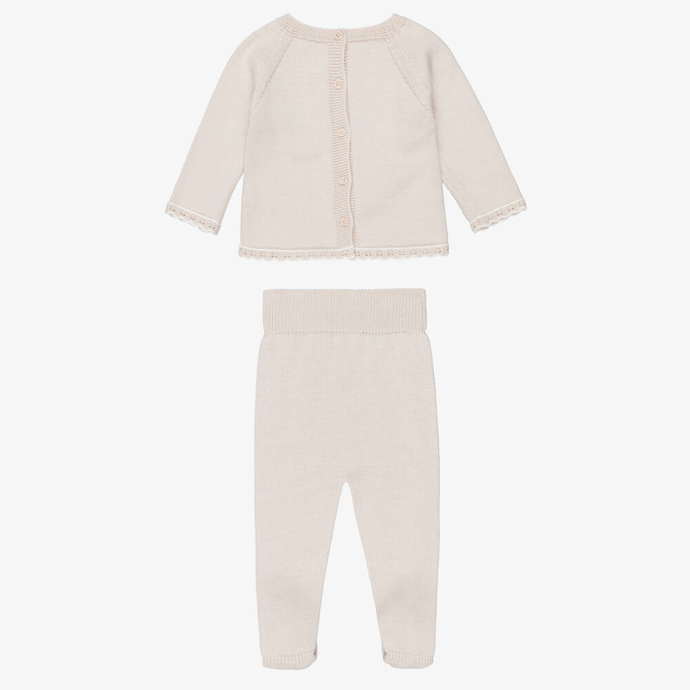 Artesanía Granlei-Beige Knitted 2 Piece Babygrow with Bunny Rabbit Motif | Childrensalon