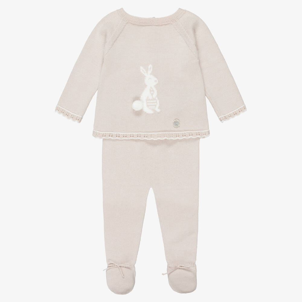 Artesanía Granlei-Beige Knitted 2 Piece Babygrow with Bunny Rabbit Motif | Childrensalon