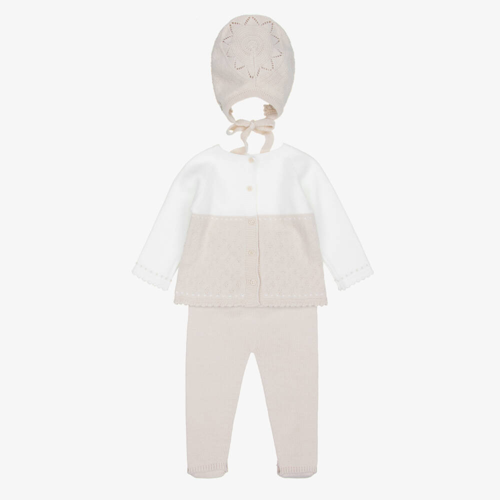 Artesanía Granlei-Beige Knitted 2 Piece Babysuit & Bonnet Set | Childrensalon