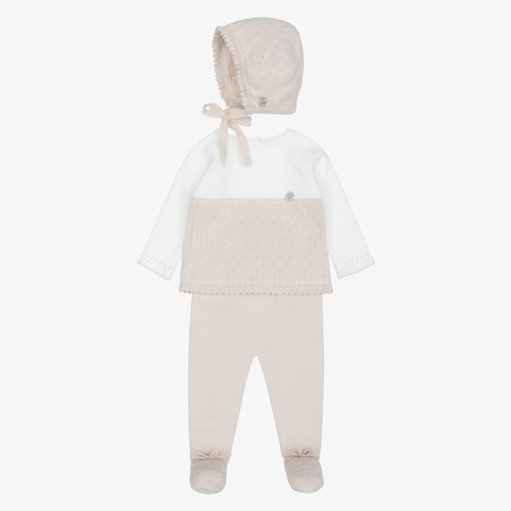 Artesanía Granlei-Beige Knitted 2 Piece Babysuit & Bonnet Set | Childrensalon