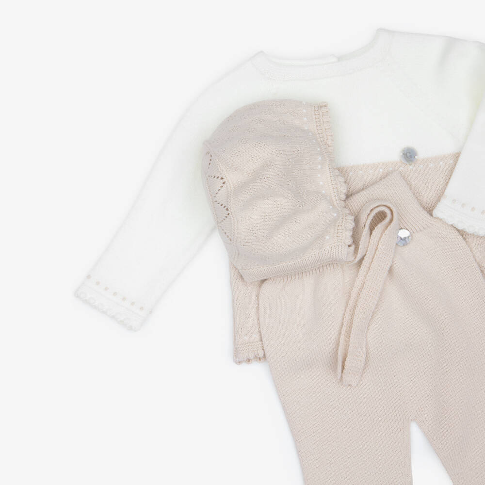 Artesanía Granlei-Beige Knitted 2 Piece Babysuit & Bonnet Set | Childrensalon