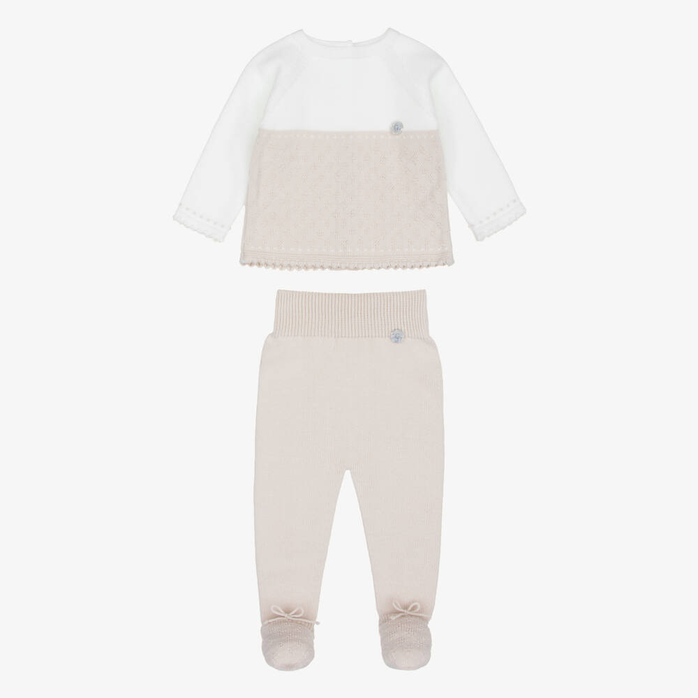 Artesanía Granlei-Beige Knitted 2 Piece Babysuit & Bonnet Set | Childrensalon