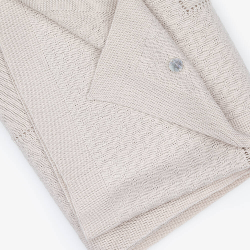 Artesanía Granlei-Beige Knitted Baby Blanket with Textured Border (108cm) | Childrensalon