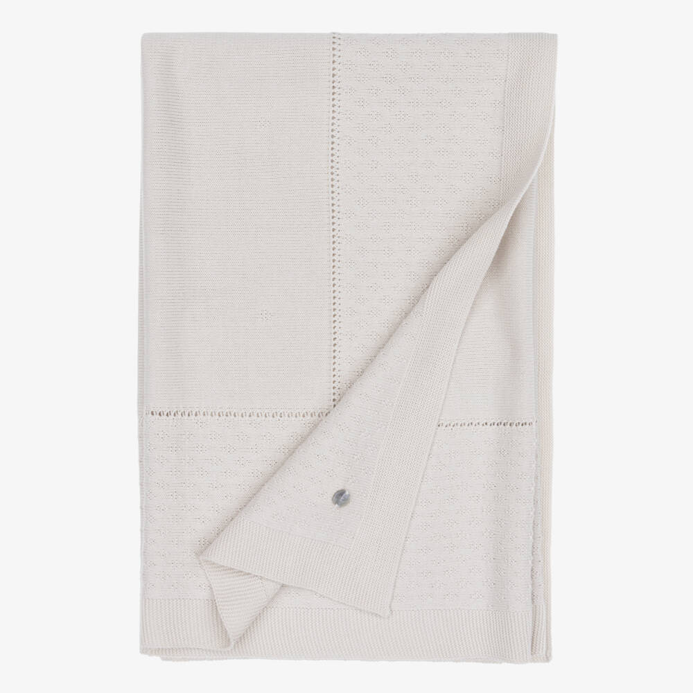 Artesanía Granlei-Beige Knitted Baby Blanket with Textured Border (108cm) | Childrensalon