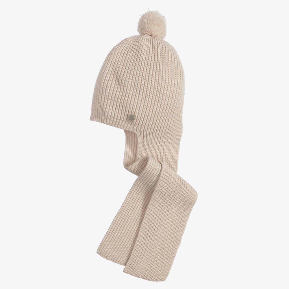 Artesanía Granlei-Beige Knitted Baby Hat with Attached Scarf | Childrensalon