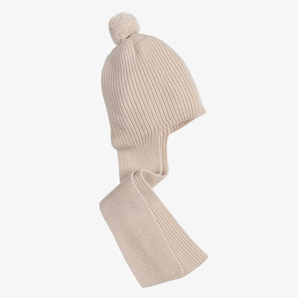 Artesanía Granlei-Beige Knitted Baby Hat with Attached Scarf | Childrensalon