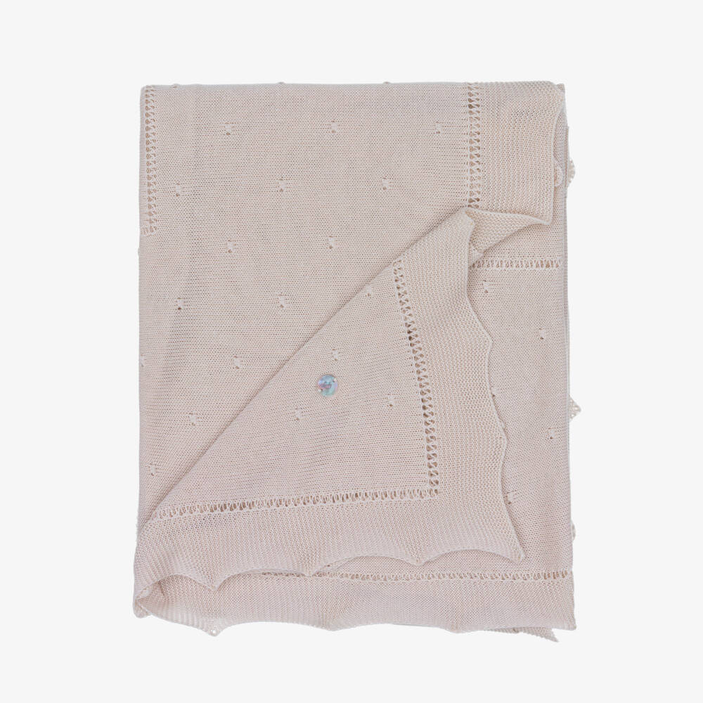 Artesanía Granlei-Beige Knitted Baby Shawl with Scalloped Edges (128cm) | Childrensalon