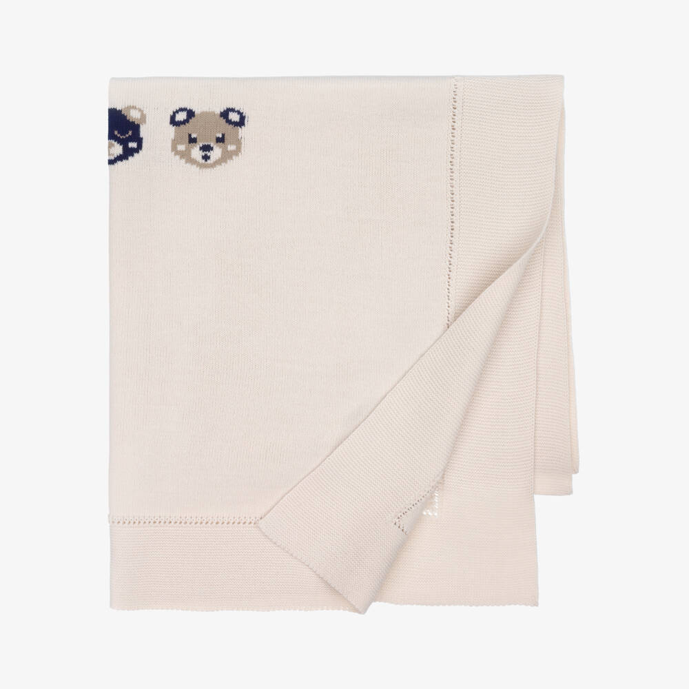 Artesanía Granlei-Beige Knitted Blanket with Three Bears (86cm) | Childrensalon
