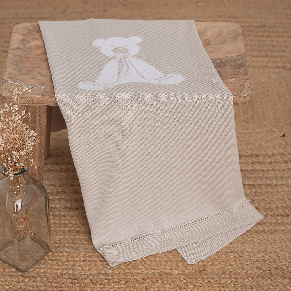 Artesanía Granlei-Beige Knitted Teddy Bear Blanket (90cm) | Childrensalon