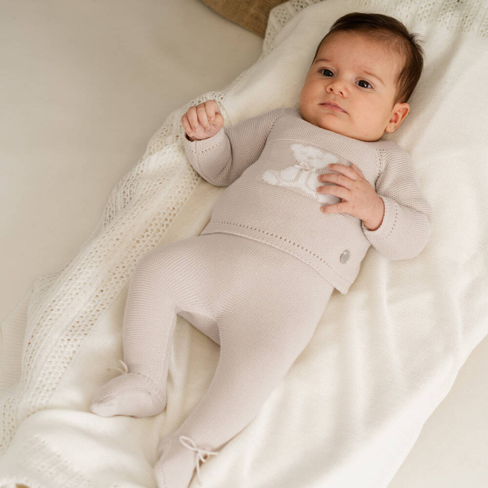 Artesanía Granlei-Beige Teddy Bear 2 Piece Babygrow | Childrensalon