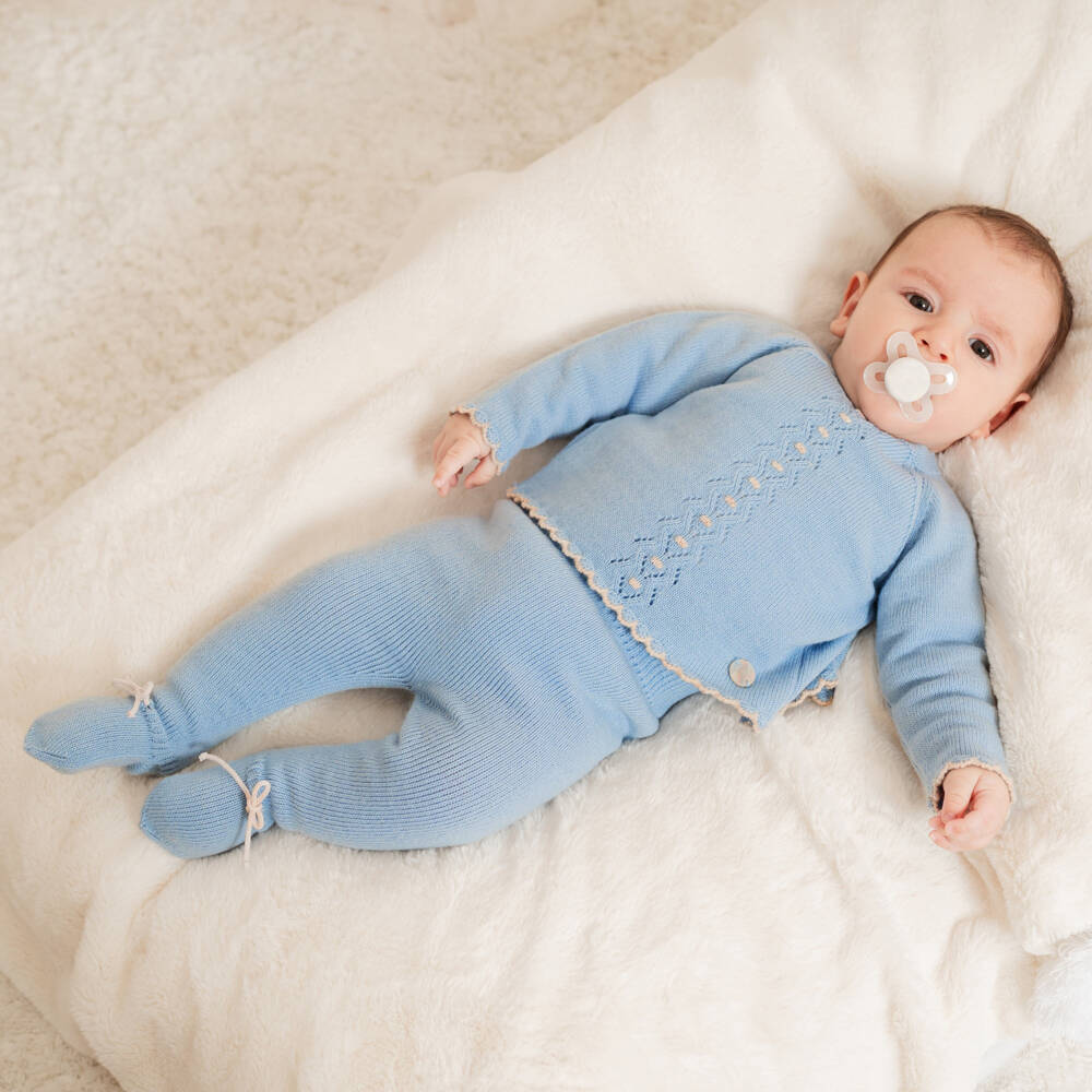 Artesanía Granlei-Blue Knitted 2 Piece Babygrow  | Childrensalon