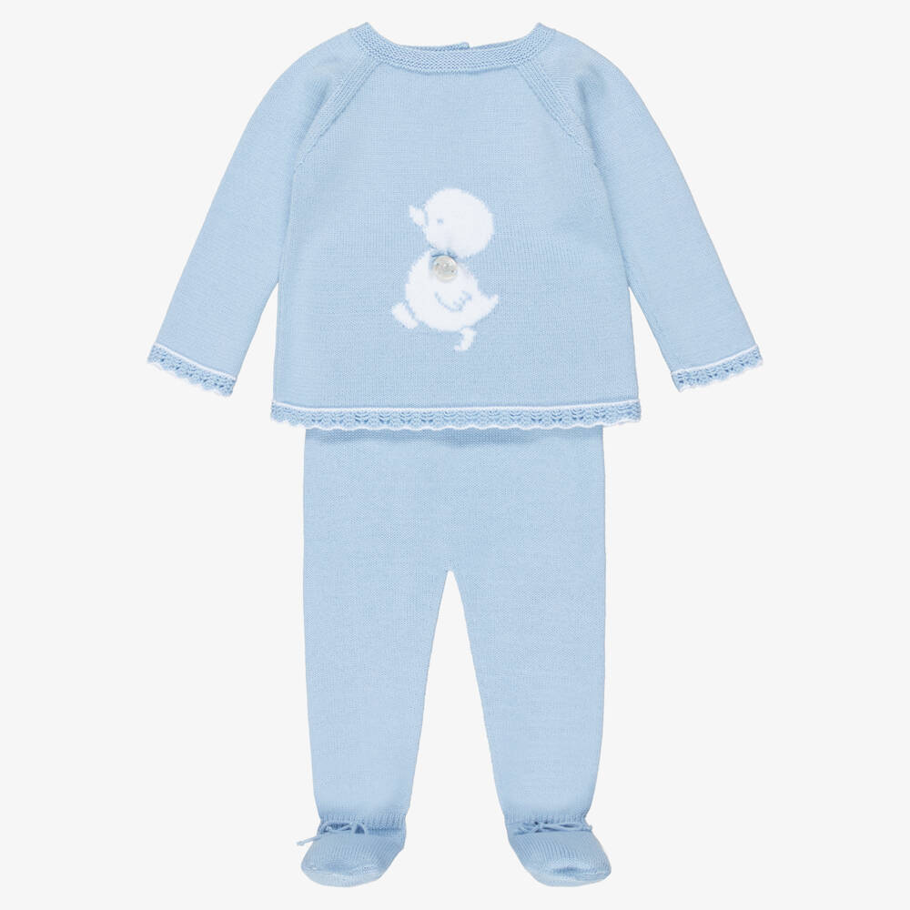 Artesanía Granlei-Blue Knitted 2 Piece Babygrow with Duck Motif | Childrensalon