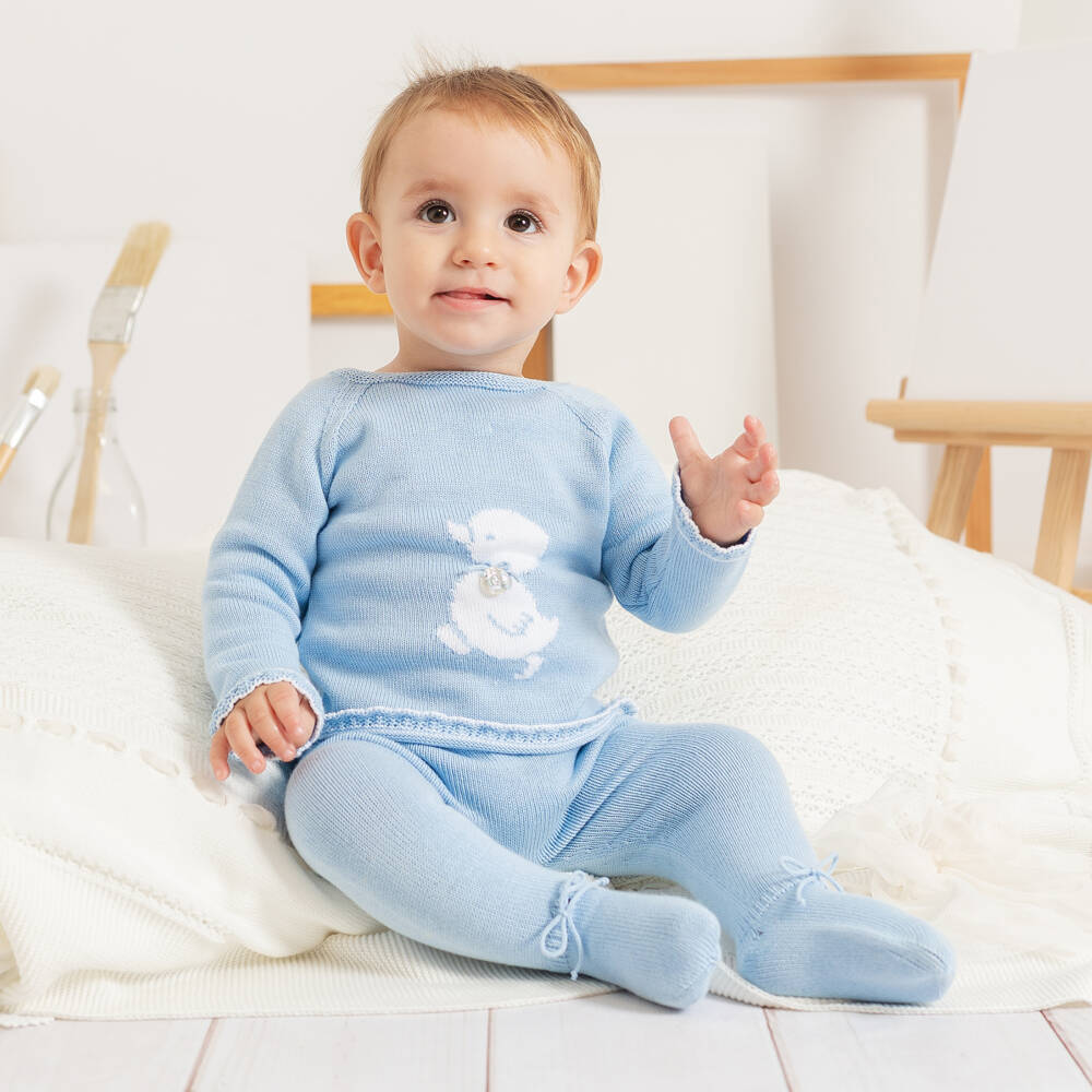 Artesanía Granlei-Blue Knitted 2 Piece Babygrow with Duck Motif | Childrensalon
