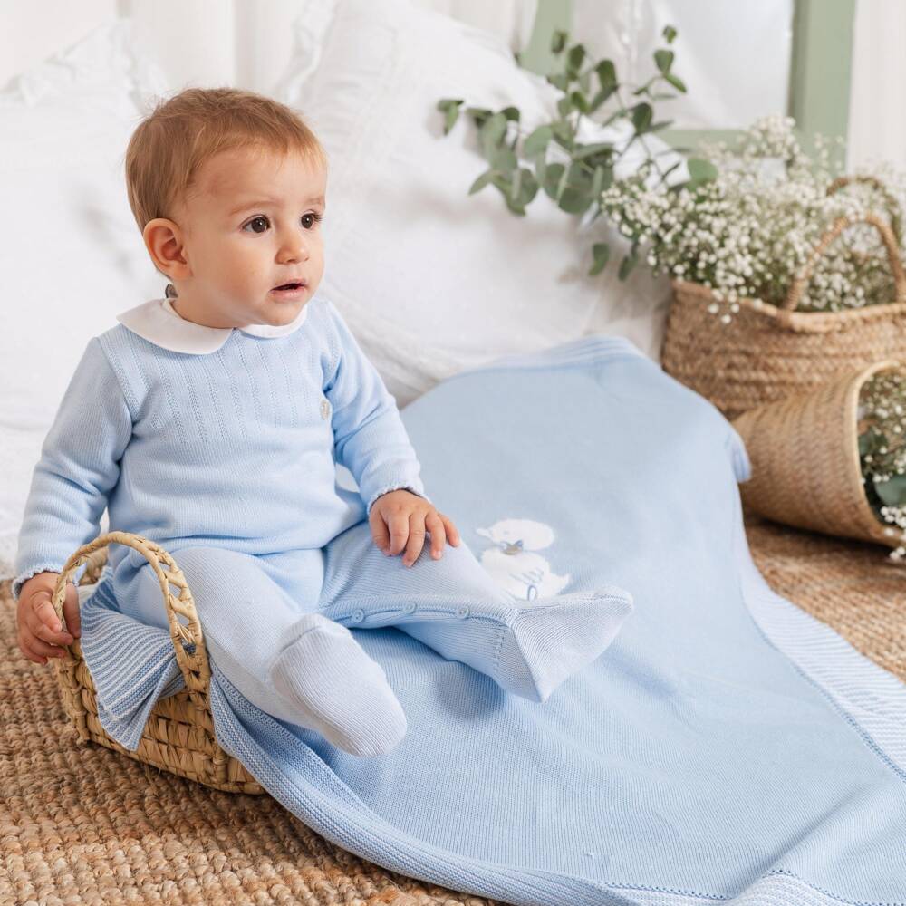 Artesanía Granlei-Blue Knitted Baby Blanket with Duck Motif (93cm) | Childrensalon