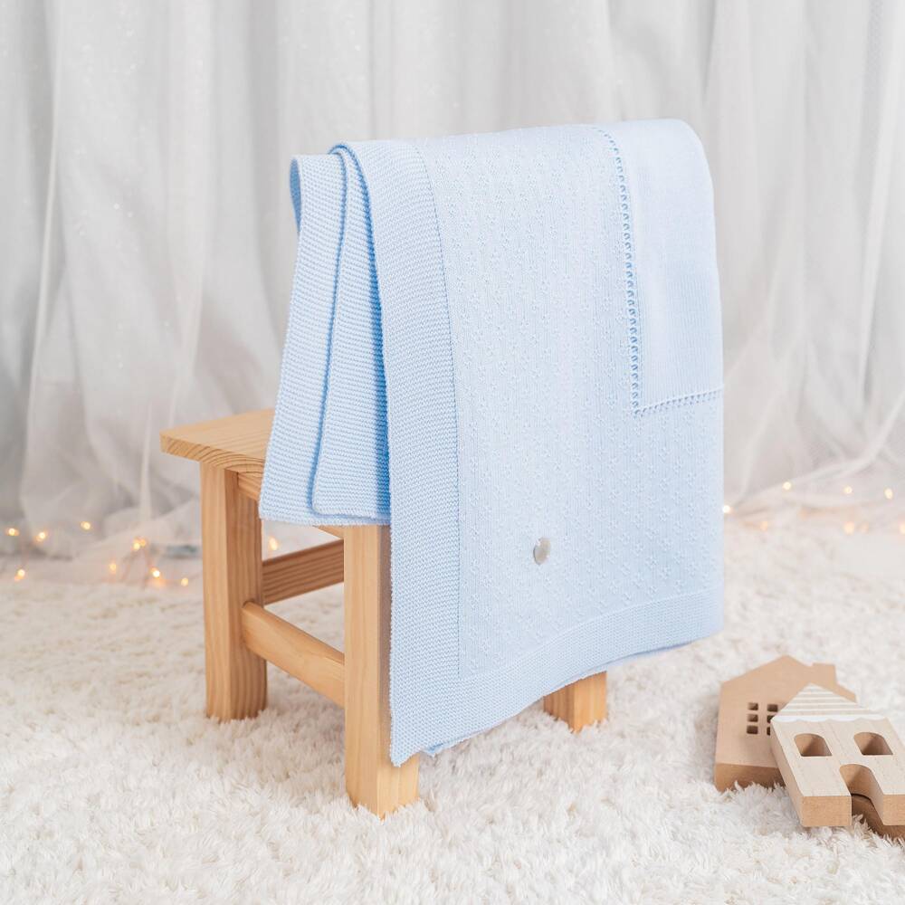 Artesanía Granlei-Blue Knitted Baby Blanket with Textured Border (108cm) | Childrensalon