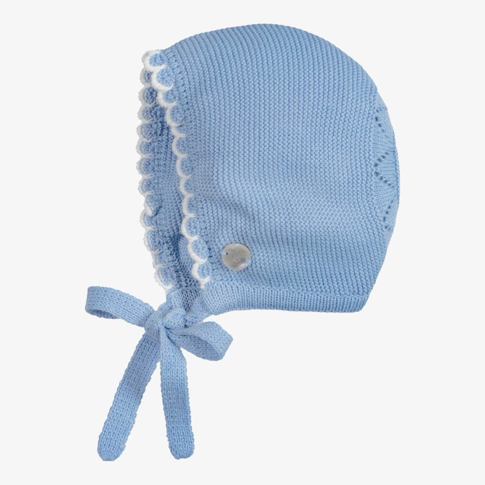 Artesanía Granlei-Blue Knitted Baby Bonnet with Scalloped Trim | Childrensalon