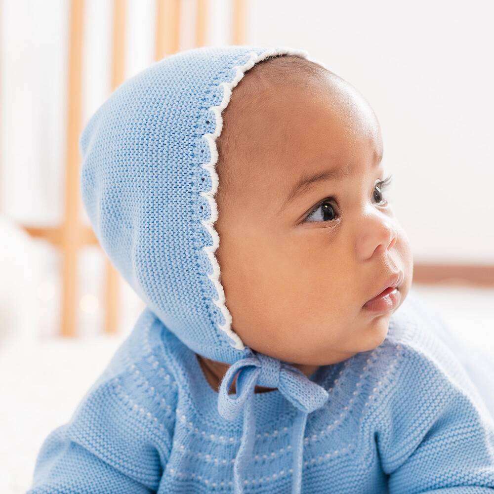 Artesanía Granlei-Blue Knitted Baby Bonnet with Scalloped Trim | Childrensalon
