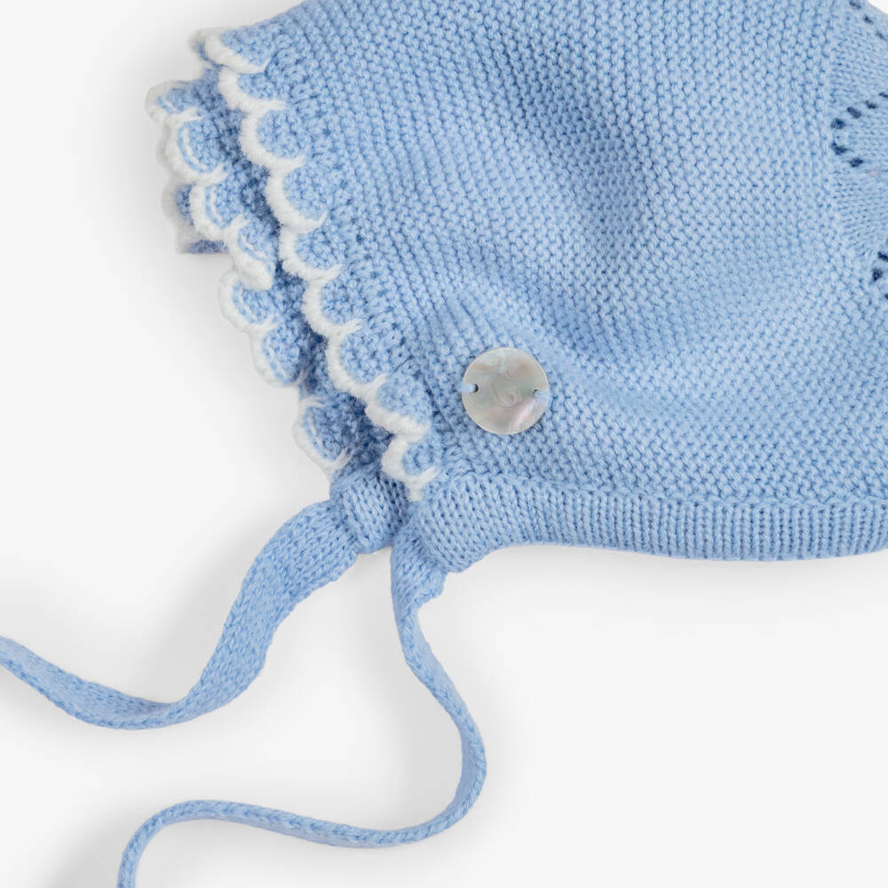 Artesanía Granlei-Blue Knitted Baby Bonnet with Scalloped Trim | Childrensalon