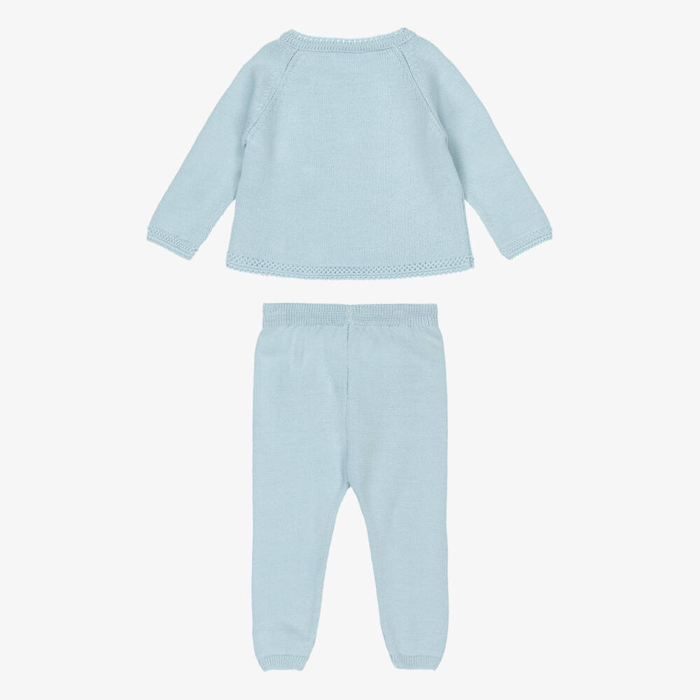 Artesanía Granlei-Blue Knitted Baby Trouser Set with Bear Motif | Childrensalon